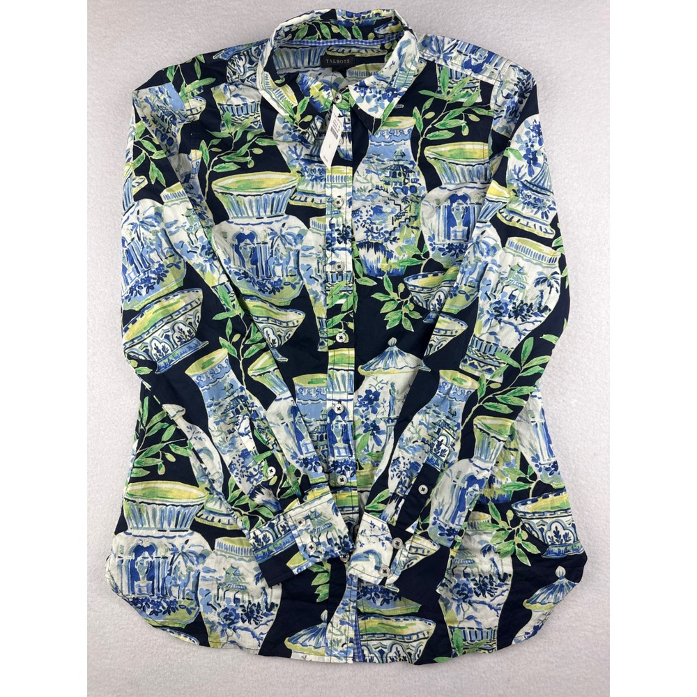Talbots Womens L Navy Blue Chinoiserie Ginger Jar Print Cotton Button Down Shirt